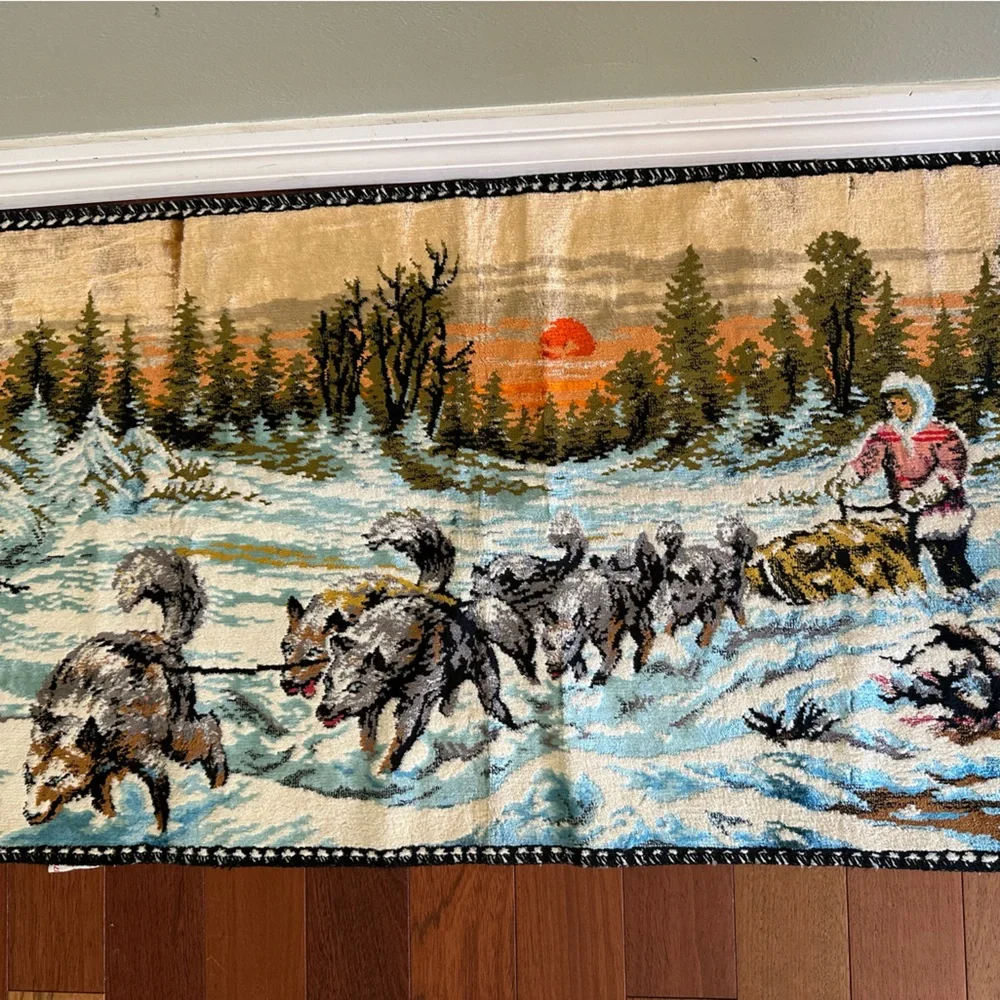 Velvet wall Tapestry -Dog Sled Tapestry- Made in Italy 1965